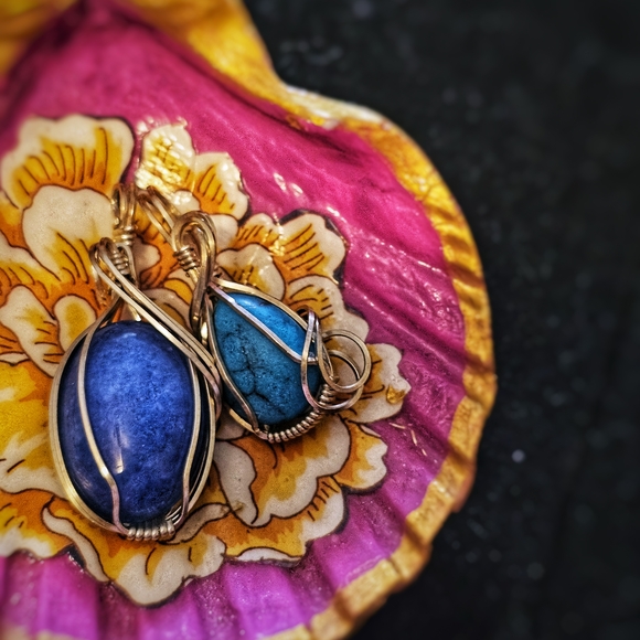Jewelry - Blue and Gold Wire-Wrapped Stone Pendant Pair